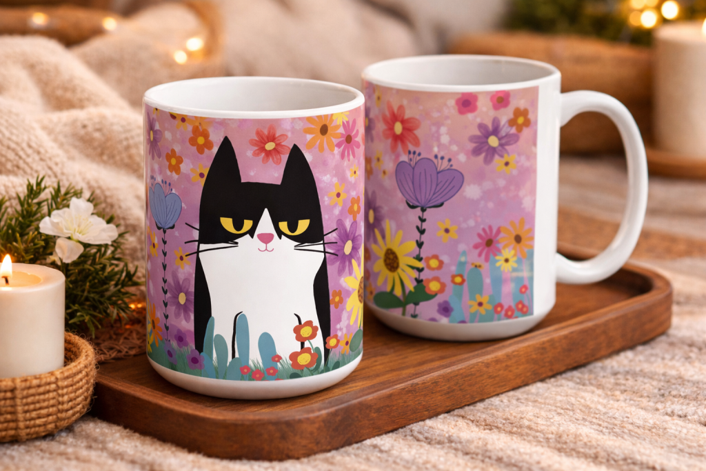 Floral cat mug with cute illustration on wooden tray in cozy warm setting.